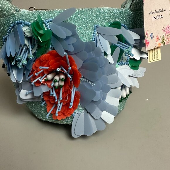 seafoam green blue floral rose Beaded Bag top handle‎ Made in India TikTok zip - Picture 2 of 5